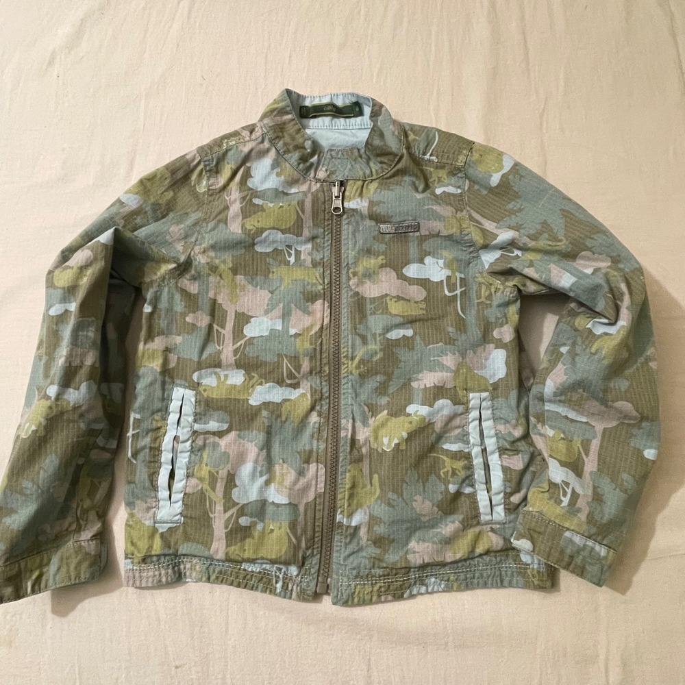 Oilily Boys Size 116 6Y Green Camo Ripstop Wildlife Research Zip Up Jacket
